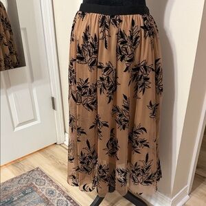 Beige Mesh Midi Skirt with Black Floral Appliqué